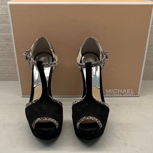 Michael Kors Black Suede T-Strap Platform Sandals with Snakeskin Trim